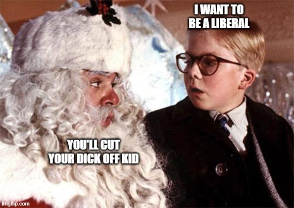 I want to be a Liberal for Christmas | I WANT TO BE A LIBERAL; YOU'LL CUT YOUR DICK OFF KID | image tagged in ralphie christmas story 1 | made w/ Imgflip meme maker