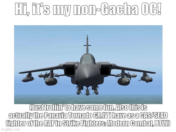 Da Gacha OC that is literally a jet fighter (Trol) | Hi, it's my non-Gacha OC! (Just trollin' to have some fun. Also this is actually the Panavia Tornado GR.IV i have as a CAS/SEAD fighter of the RAF in Strike Fighters: Modern Combat, BTW) | image tagged in gaming,meme,trolling | made w/ Imgflip meme maker