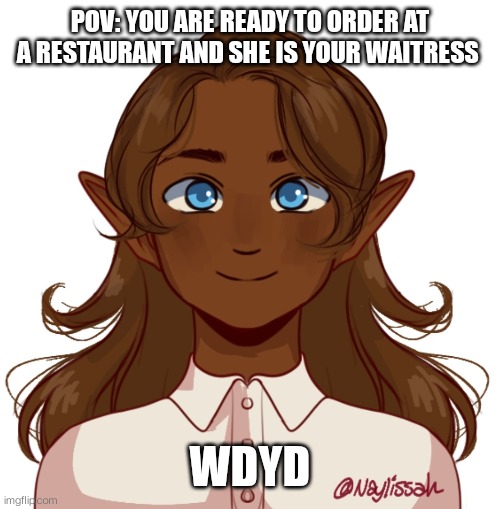 No ERP's or romance roleplays, no joke OCS or Bambi OCS. Any gender will do for this roleplay | POV: YOU ARE READY TO ORDER AT A RESTAURANT AND SHE IS YOUR WAITRESS; WDYD | made w/ Imgflip meme maker