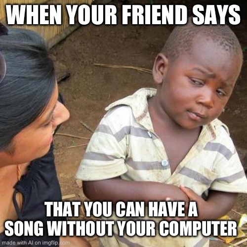 Third World Skeptical Kid | WHEN YOUR FRIEND SAYS; THAT YOU CAN HAVE A SONG WITHOUT YOUR COMPUTER | image tagged in memes,third world skeptical kid | made w/ Imgflip meme maker