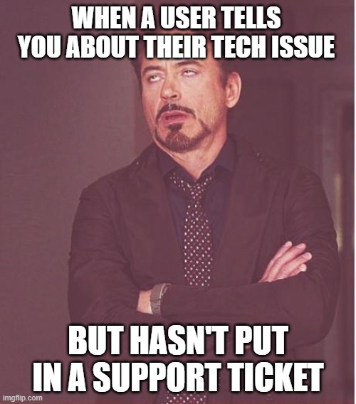 I.T. Memes | WHEN A USER TELLS YOU ABOUT THEIR TECH ISSUE; BUT HASN'T PUT IN A SUPPORT TICKET | image tagged in memes,face you make robert downey jr | made w/ Imgflip meme maker