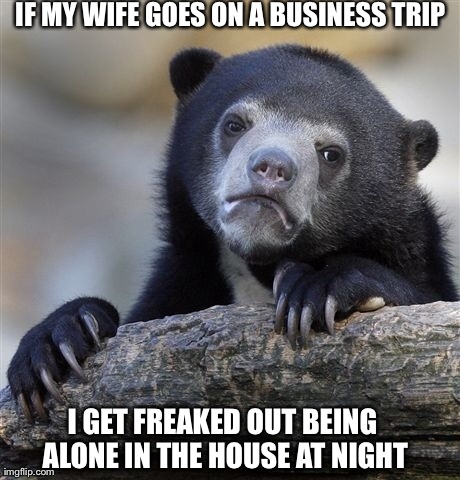 Confession Bear | IF MY WIFE GOES ON A BUSINESS TRIP I GET FREAKED OUT BEING ALONE IN THE HOUSE AT NIGHT | image tagged in memes,confession bear,AdviceAnimals | made w/ Imgflip meme maker