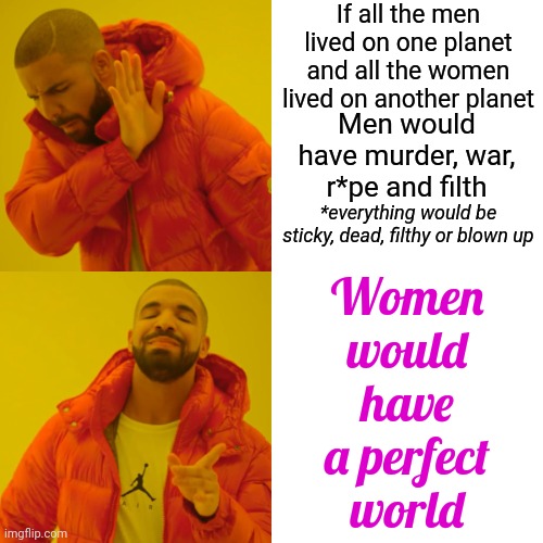I Don't Know If We Can Work With Men That Think They're Superior To  Everyone Else.  They've Proven Themselves Unworthy | If all the men lived on one planet and all the women lived on another planet; Women would have
a perfect world; Men would have murder, war, r*pe and filth; *everything would be sticky, dead, filthy or blown up | image tagged in memes,drake hotline bling,men are unworthy,shameless,useless,toxic masculinity | made w/ Imgflip meme maker