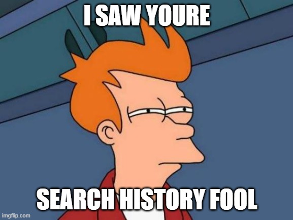Futurama Fry Meme | I SAW YOURE; SEARCH HISTORY FOOL | image tagged in memes,futurama fry | made w/ Imgflip meme maker