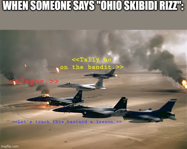 WHEN SOMEONE SAYS "OHIO SKIBIDI RIZZ": <<Tally ho on the bandit.>> <<Roger.>> <<Let's teach this bastard a lesson.>> | made w/ Imgflip meme maker