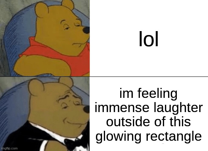 lol so funny | lol; im feeling immense laughter outside of this glowing rectangle | image tagged in memes,tuxedo winnie the pooh | made w/ Imgflip meme maker