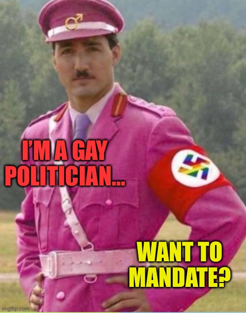 Gay Nazi Trudeau | I’M A GAY POLITICIAN…; WANT TO MANDATE? | image tagged in gay nazi trudeau,maga,canada,lgbtq,republicans,donald trump | made w/ Imgflip meme maker