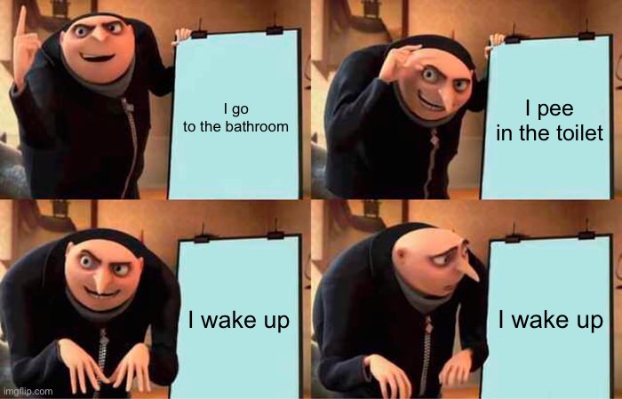 Gru's Plan | I go to the bathroom; I pee in the toilet; I wake up; I wake up | image tagged in memes,gru's plan | made w/ Imgflip meme maker