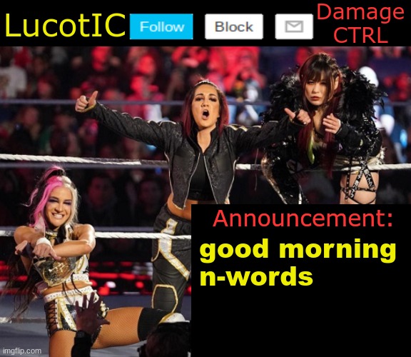 . | good morning 
n-words | image tagged in lucotic's damage ctrl announcement temp | made w/ Imgflip meme maker