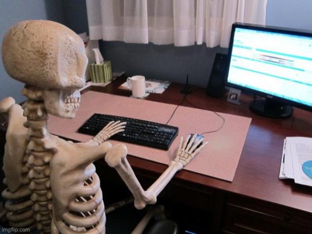 skeleton at computer desk | image tagged in skeleton at computer desk | made w/ Imgflip meme maker