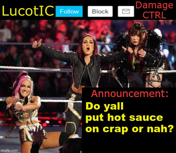. | Do yall put hot sauce on crap or nah? | image tagged in lucotic's damage ctrl announcement temp | made w/ Imgflip meme maker