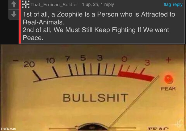Attraction to real or fictional animals is zoophilia (proof: https://m.youtube.com/watch?v=eYuDB_Gbv5M&t=1s) | image tagged in bullshit meter,facts,anti zoo | made w/ Imgflip meme maker