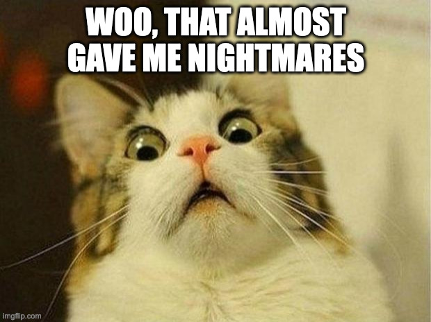 Scared Cat Meme | WOO, THAT ALMOST GAVE ME NIGHTMARES | image tagged in memes,scared cat | made w/ Imgflip meme maker