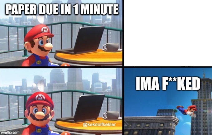 Mario jumps off of a building | PAPER DUE IN 1 MINUTE; IMA F**KED | image tagged in mario jumps off of a building | made w/ Imgflip meme maker