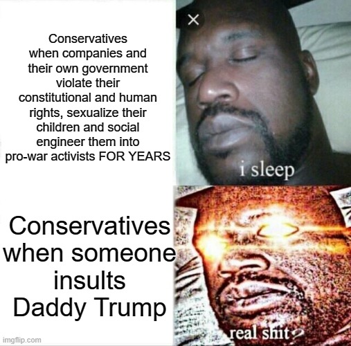 "Do what you want, just don't hurt my feewings" | Conservatives when companies and their own government violate their constitutional and human rights, sexualize their children and social engineer them into pro-war activists FOR YEARS; Conservatives when someone
insults Daddy Trump | image tagged in memes,sleeping shaq | made w/ Imgflip meme maker