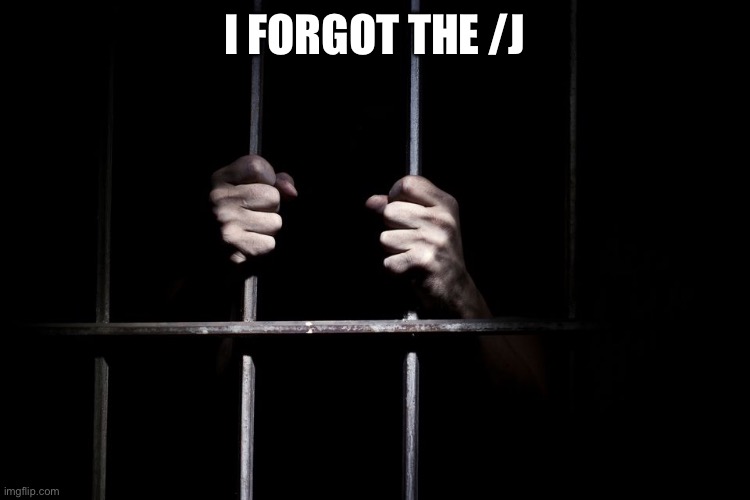 Hands on jail cell door | I FORGOT THE /J | image tagged in hands on jail cell door | made w/ Imgflip meme maker
