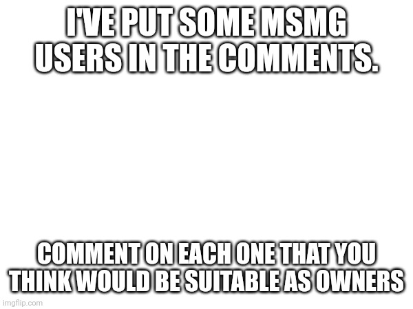 I'VE PUT SOME MSMG USERS IN THE COMMENTS. COMMENT ON EACH ONE THAT YOU THINK WOULD BE SUITABLE AS OWNERS | made w/ Imgflip meme maker