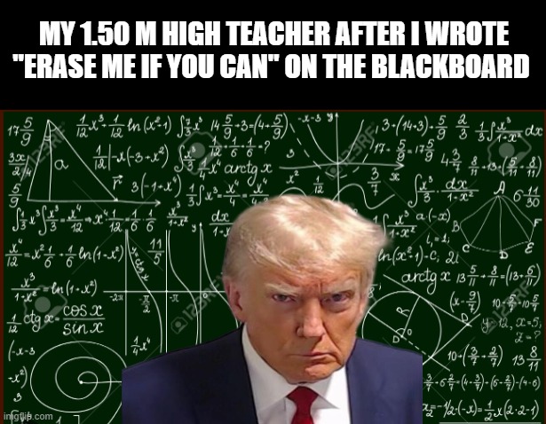 i'm an evil genius ! | MY 1.50 M HIGH TEACHER AFTER I WROTE "ERASE ME IF YOU CAN" ON THE BLACKBOARD | image tagged in donald trump mugshot | made w/ Imgflip meme maker