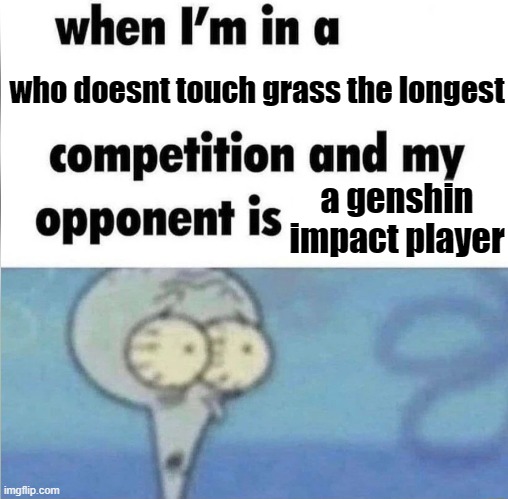 make sure to touch grass | who doesnt touch grass the longest; a genshin impact player | image tagged in whe i'm in a competition and my opponent is | made w/ Imgflip meme maker