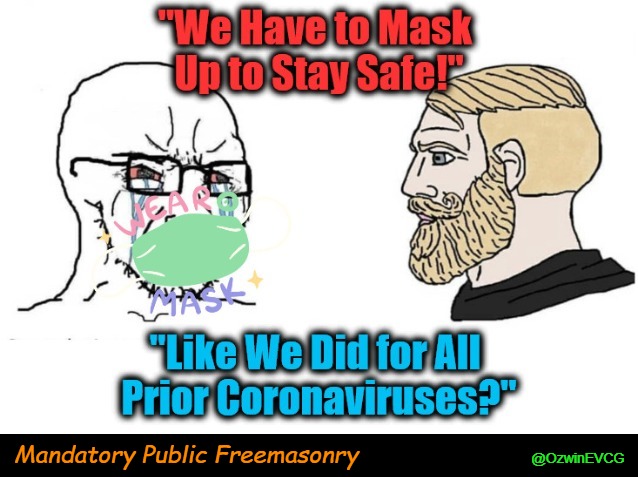 Mandatory Public Freemasonry [2020] (Coofacaust Classics #03) | Mandatory Public Freemasonry; @OzwinEVCG | image tagged in soy jack vs chad jack,covid masking,liberal logic,security theater,masonic processions,clown world | made w/ Imgflip meme maker