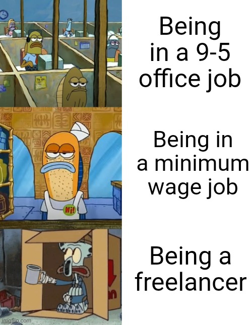 You may hate your job but there is always someone worse off than you | Being in a 9-5 office job; Being in a minimum wage job; Being a freelancer | image tagged in work,employment,office,minimum wage,freelancers,jobs | made w/ Imgflip meme maker