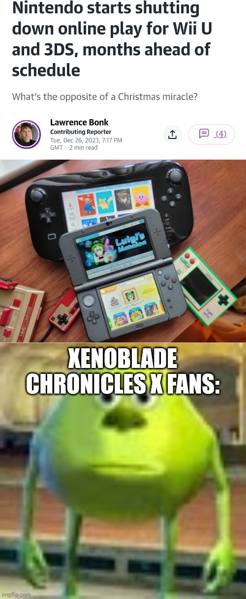 Because XCX is avaliable on Wii U, but is not yet on Nintendo Switch | XENOBLADE CHRONICLES X FANS: | image tagged in sully wazowski,wii u,xenoblade chronicles x,nintendo switch,gaming | made w/ Imgflip meme maker
