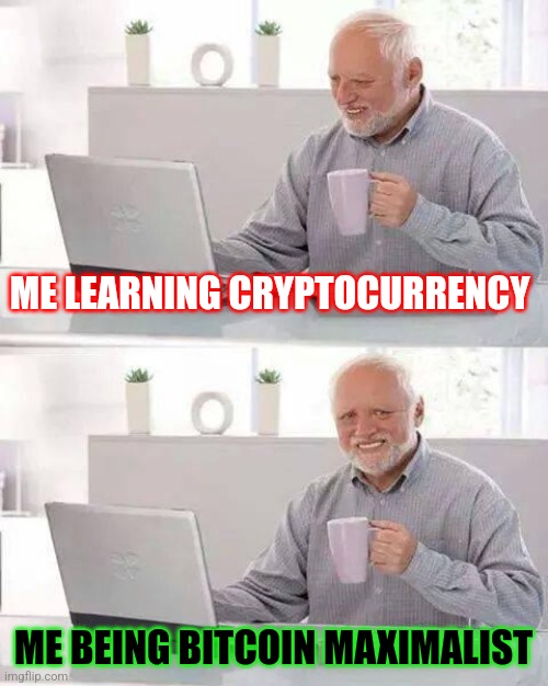 Learn how to be a bitcoin maximalist | ME LEARNING CRYPTOCURRENCY; ME BEING BITCOIN MAXIMALIST | image tagged in memes,hide the pain harold,bitcoin | made w/ Imgflip meme maker