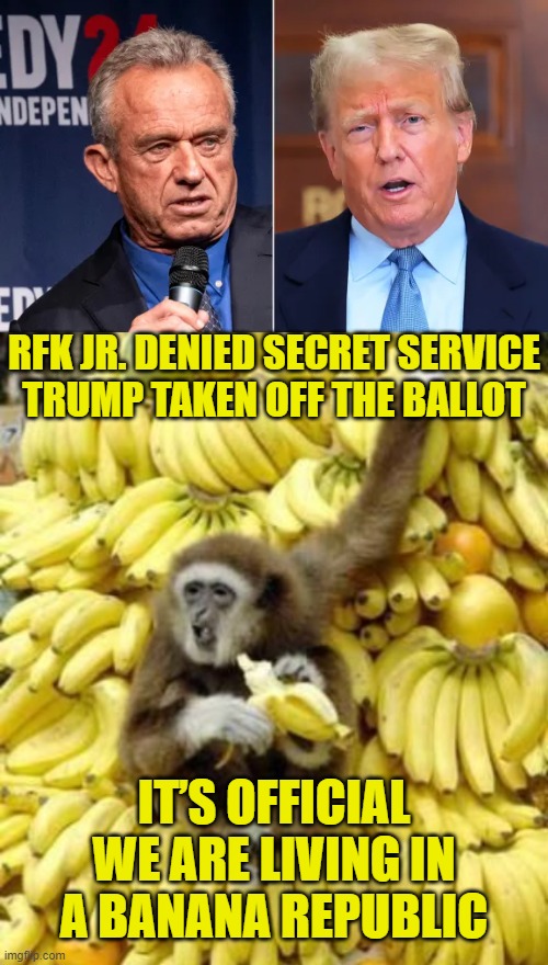 Red White & Yellow | RFK JR. DENIED SECRET SERVICE
TRUMP TAKEN OFF THE BALLOT; IT’S OFFICIAL
WE ARE LIVING IN
A BANANA REPUBLIC | image tagged in trump,kennedy | made w/ Imgflip meme maker