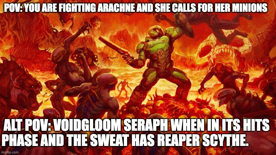 Doomguy | POV: YOU ARE FIGHTING ARACHNE AND SHE CALLS FOR HER MINIONS ALT POV: VOIDGLOOM SERAPH WHEN IN ITS HITS PHASE AND THE SWEAT HAS REAPER SCYTHE | image tagged in doomguy | made w/ Imgflip meme maker