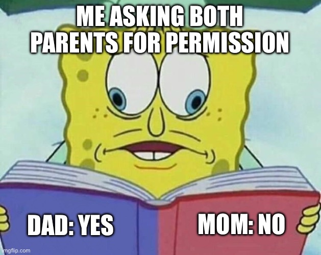 Then they argue over why it should be their answer and yes usually wins | ME ASKING BOTH PARENTS FOR PERMISSION; MOM: NO; DAD: YES | image tagged in cross eyed spongebob,fresh memes,funny,memes,split | made w/ Imgflip meme maker