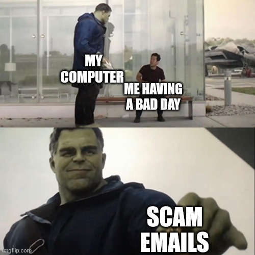 Hulk Taco | MY COMPUTER; ME HAVING A BAD DAY; SCAM EMAILS | image tagged in hulk taco,why | made w/ Imgflip meme maker