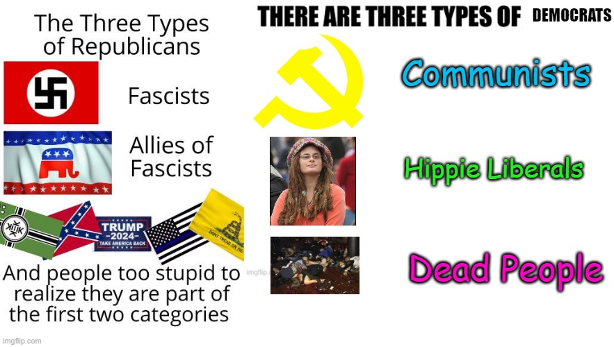 Just Trying to Be Even | DEMOCRATS; Communists; Hippie Liberals; Dead People | image tagged in there are three types of people in this world | made w/ Imgflip meme maker