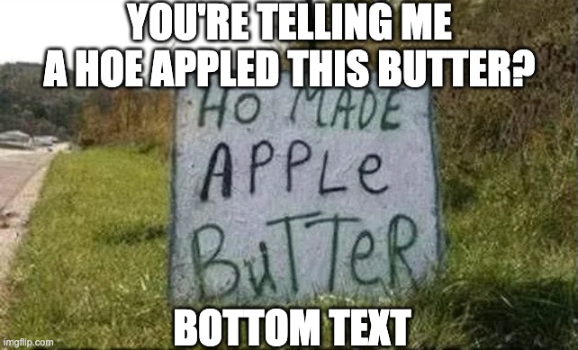 A hoe appled this butter? | YOU'RE TELLING ME A HOE APPLED THIS BUTTER? BOTTOM TEXT | image tagged in funny | made w/ Imgflip meme maker