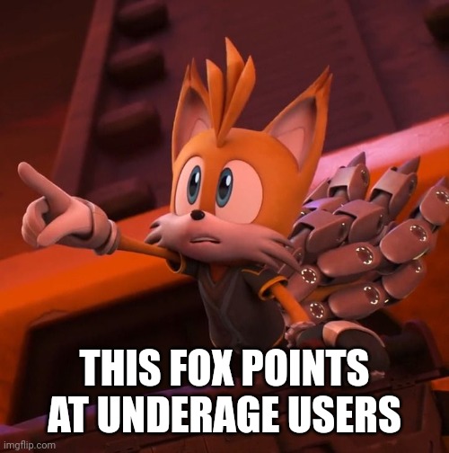 Nine pointing | THIS FOX POINTS AT UNDERAGE USERS | image tagged in nine pointing | made w/ Imgflip meme maker