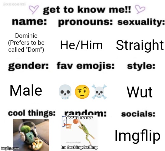 get to know me but better | Dominic (Prefers to be called "Dom"); He/Him; Straight; Wut; 💀🤨☠️; Male; Imgflip | image tagged in get to know me but better | made w/ Imgflip meme maker