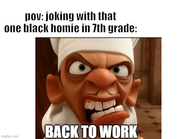 pov: joking with that one black homie in 7th grade:; BACK TO WORK | image tagged in stupid | made w/ Imgflip meme maker