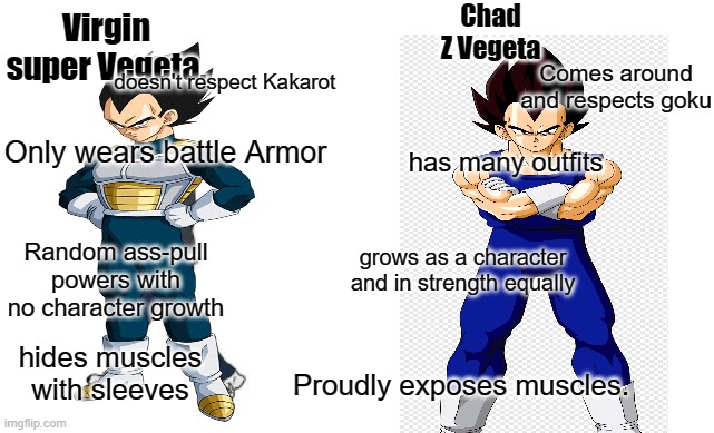 Virgin vs Chad | Chad Z Vegeta; Virgin super Vegeta. doesn't respect Kakarot; Comes around and respects goku; Only wears battle Armor; has many outfits; Random ass-pull powers with no character growth; grows as a character and in strength equally; hides muscles with sleeves; Proudly exposes muscles. | image tagged in virgin vs chad | made w/ Imgflip meme maker