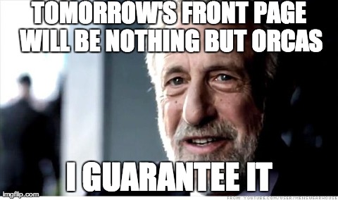 I Guarantee It | TOMORROW'S FRONT PAGE WILL BE NOTHING BUT ORCAS I GUARANTEE IT | image tagged in memes,i guarantee it,AdviceAnimals | made w/ Imgflip meme maker