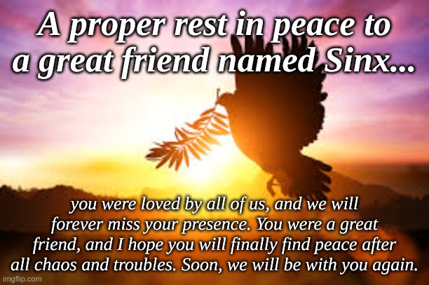 Rest in peace, my friend.  I miss you very much. | A proper rest in peace to a great friend named Sinx... you were loved by all of us, and we will forever miss your presence. You were a great friend, and I hope you will finally find peace after all chaos and troubles. Soon, we will be with you again. | image tagged in rest in peace | made w/ Imgflip meme maker