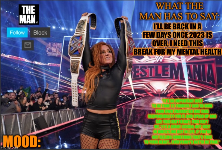 I’LL BE BACK IN A FEW DAYS ONCE 2023 IS OVER, I NEED THIS BREAK FOR MY MENTAL HEALTH | image tagged in the man announcement template | made w/ Imgflip meme maker