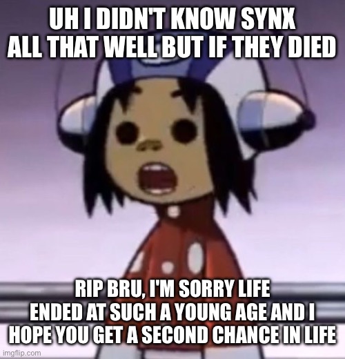 god bless and such | UH I DIDN'T KNOW SYNX ALL THAT WELL BUT IF THEY DIED; RIP BRU, I'M SORRY LIFE ENDED AT SUCH A YOUNG AGE AND I HOPE YOU GET A SECOND CHANCE IN LIFE | image tagged in o | made w/ Imgflip meme maker