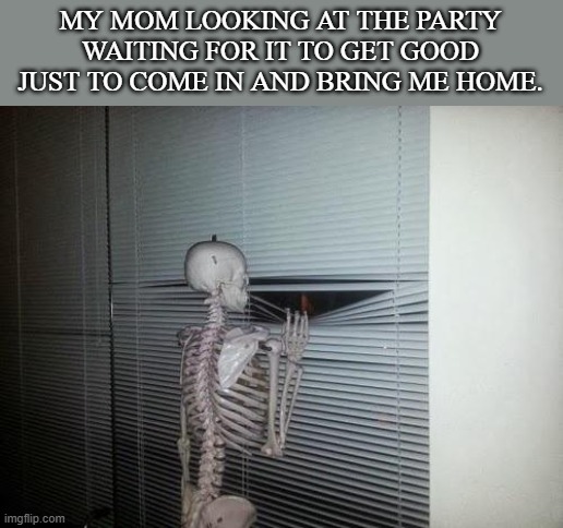 There's not even a gift bag for coming | MY MOM LOOKING AT THE PARTY WAITING FOR IT TO GET GOOD JUST TO COME IN AND BRING ME HOME. | image tagged in skeleton looking out window,funny,memes,meme,relatable | made w/ Imgflip meme maker