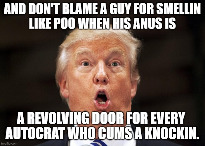 Trump Oh face scared surprised stupid | AND DON'T BLAME A GUY FOR SMELLIN
LIKE POO WHEN HIS ANUS IS A REVOLVING DOOR FOR EVERY 
AUTOCRAT WHO CUMS A KNOCKIN. | image tagged in trump oh face scared surprised stupid | made w/ Imgflip meme maker
