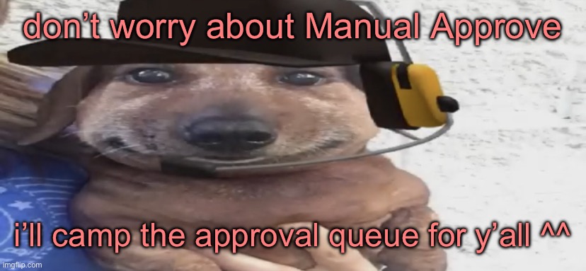 chucklenuts | don’t worry about Manual Approve; i’ll camp the approval queue for y’all ^^ | image tagged in chucklenuts | made w/ Imgflip meme maker