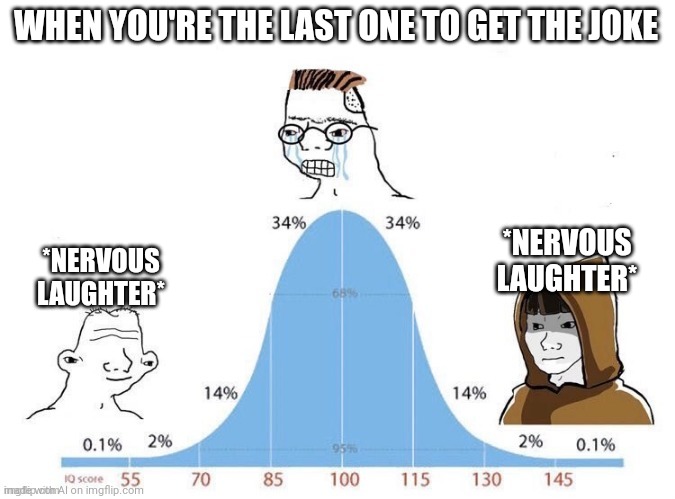 Bell Curve | WHEN YOU'RE THE LAST ONE TO GET THE JOKE; *NERVOUS LAUGHTER*; *NERVOUS LAUGHTER* | image tagged in bell curve | made w/ Imgflip meme maker