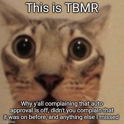 in shock | This is TBMR; Why y'all complaining that auto approval is off, didn't you complain that it was on before, and anything else I missed | image tagged in in shock | made w/ Imgflip meme maker