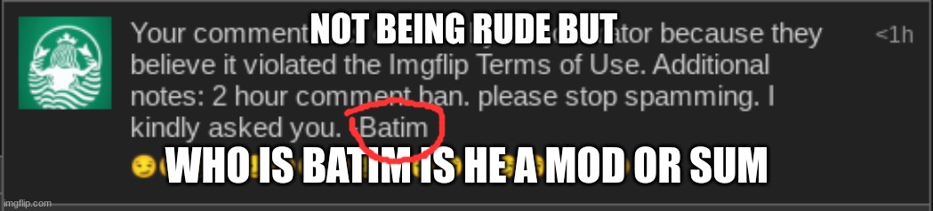 Who is batim(Batim1234567890:Im a mod in the stream) I will tell you in the comments. | NOT BEING RUDE BUT; WHO IS BATIM IS HE A MOD OR SUM | image tagged in memes,lol,memer,memez,who | made w/ Imgflip meme maker