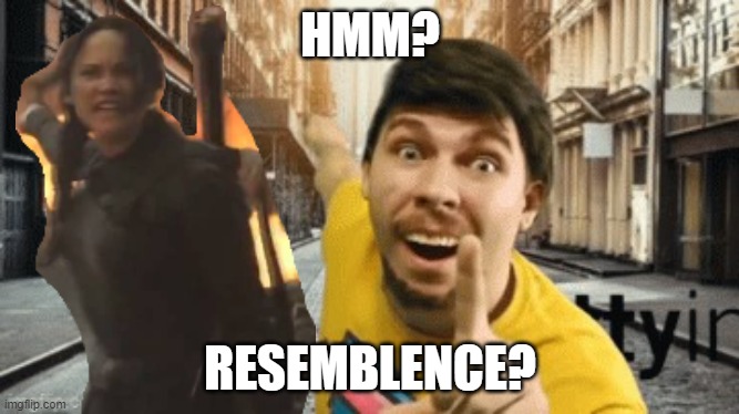 Resemblence? | HMM? RESEMBLENCE? | image tagged in mr breast pointing at something | made w/ Imgflip meme maker