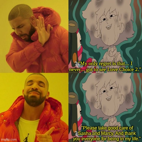 Amphibia dialogue change to keep it emotional | "My only regret is that... I never... got to see Love Choice 2."; "Please take good care of Sasha and Marcy. And thank you everyone for being in my life." | image tagged in drake blank,amphibia,memes,disney,cartoon | made w/ Imgflip meme maker