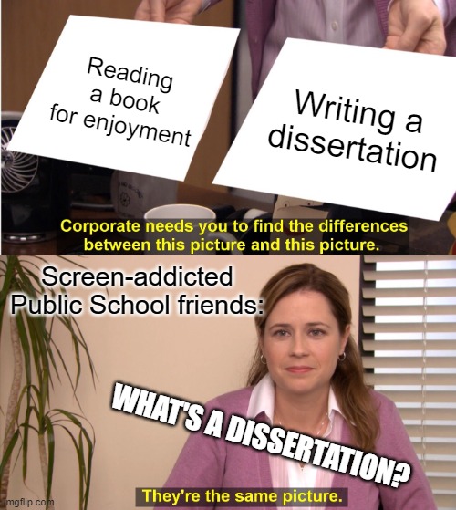 Uncultured rap-loving swine | Reading a book for enjoyment; Writing a dissertation; Screen-addicted Public School friends:; WHAT'S A DISSERTATION? | image tagged in memes,they're the same picture | made w/ Imgflip meme maker